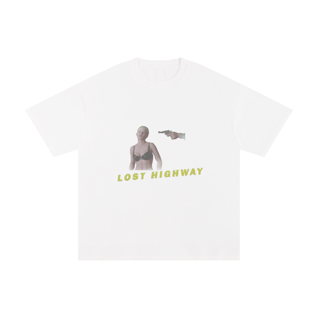 White t-shirt with graphic design and 'Lost Highway' text on a white background