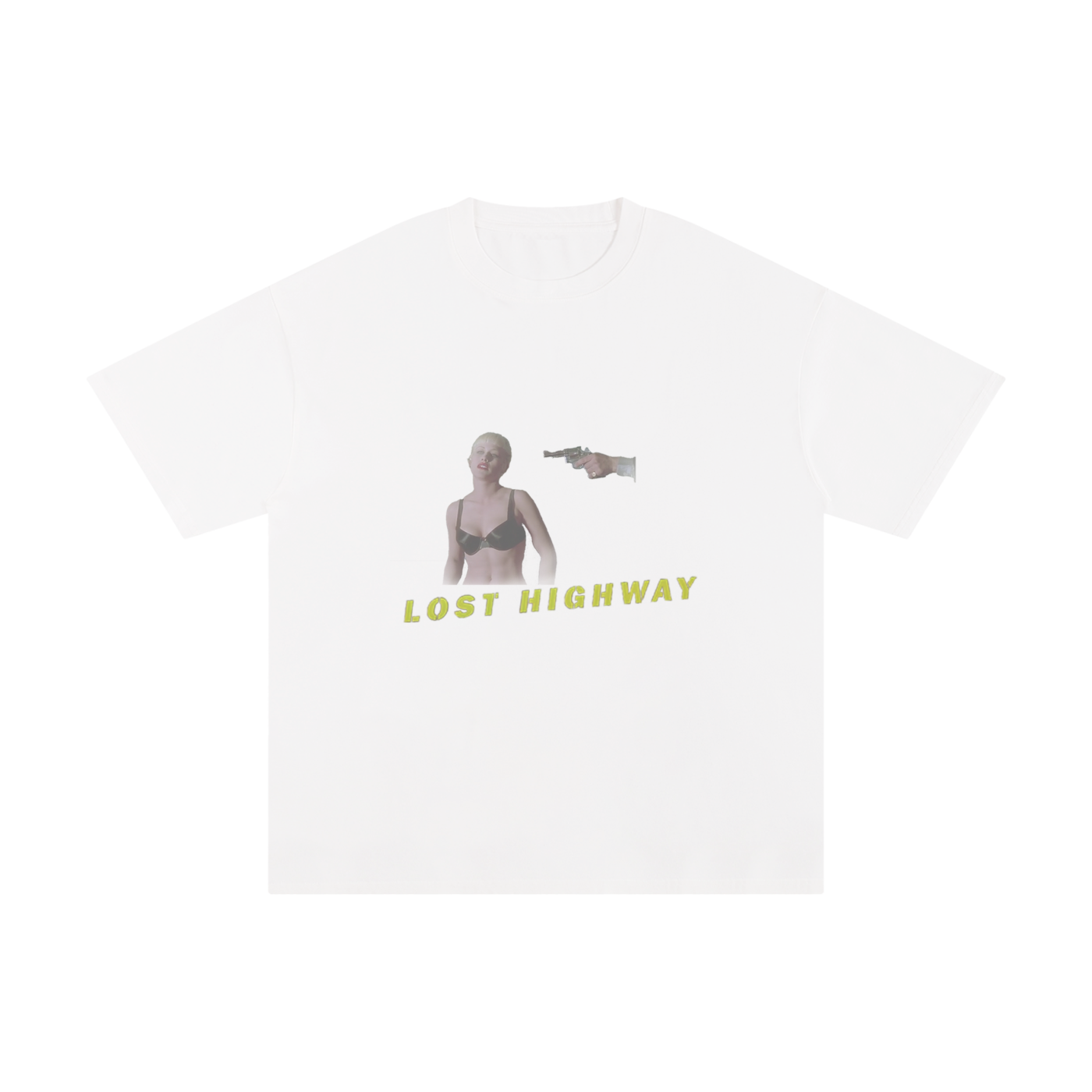 White t-shirt with graphic design and 'Lost Highway' text on a white background